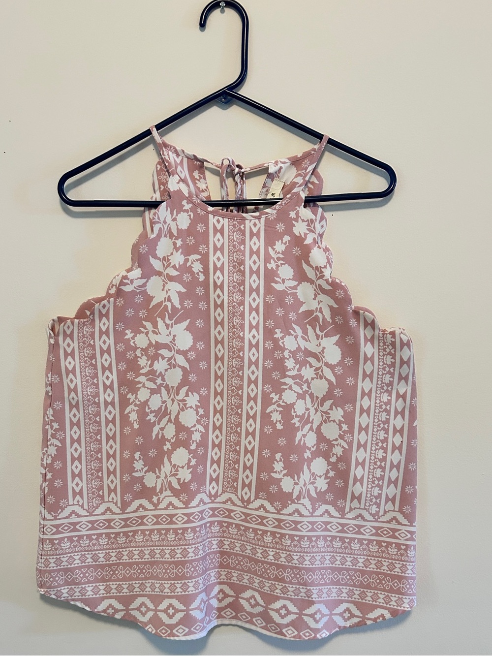 Anthropologie Blush Rose Boho Floral Scalloped Halter Tank Top Tie Back Size L